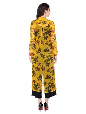 ira-soleil Yellow chiffon all over printed with embroideBlack placket long kurta 4