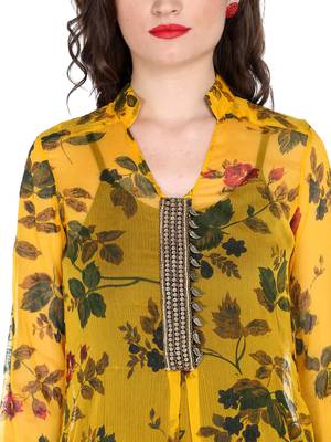 ira-soleil Yellow chiffon all over printed with embroideBlack placket long kurta 5