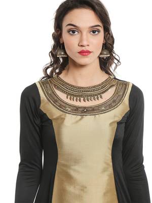 ira-soleil Gold leaf embroideBlack neck with Tafeta & polyester lycra kurti 2