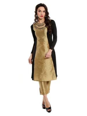 ira-soleil Gold leaf embroideBlack neck with Tafeta & polyester lycra kurti 4