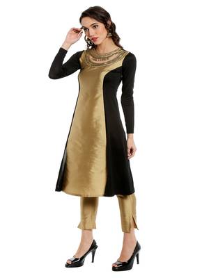 ira-soleil Gold leaf embroideBlack neck with Tafeta & polyester lycra kurti 5