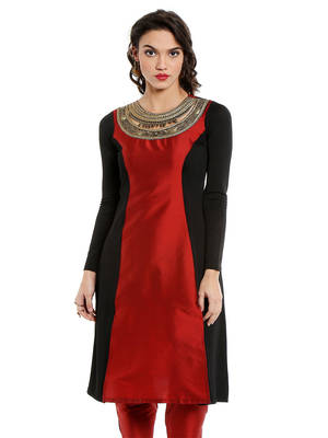 ira-soleil Maroon leaf embroideBlack neck with Tafeta & polyester lycra kurti 1