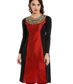 ira-soleil Maroon leaf embroideBlack neck with Tafeta & polyester lycra kurti