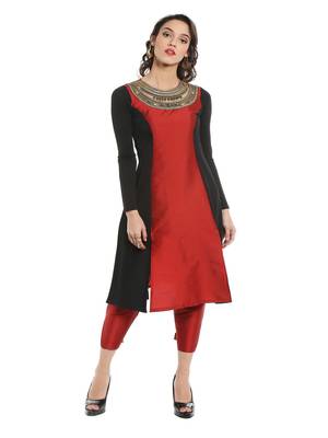 ira-soleil Maroon leaf embroideBlack neck with Tafeta & polyester lycra kurti 2