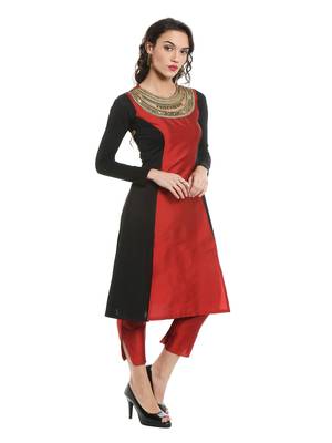 ira-soleil Maroon leaf embroideBlack neck with Tafeta & polyester lycra kurti 3