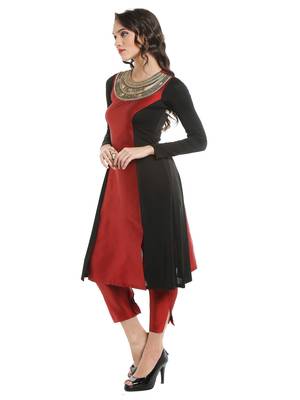 ira-soleil Maroon leaf embroideBlack neck with Tafeta & polyester lycra kurti 5