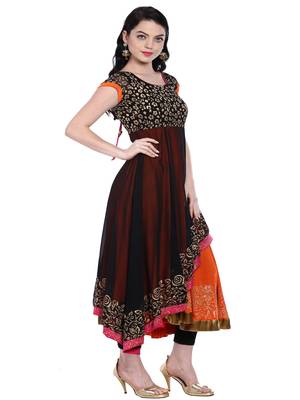 ira-soleil Black double layeBlack of chiffon & Orange Polyester lycra lining anarkali kurta 4