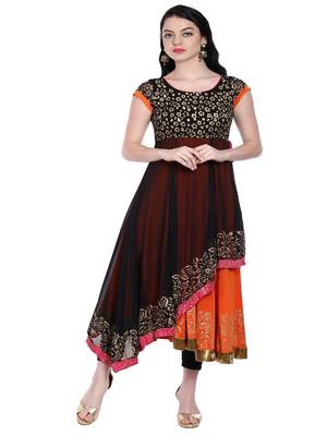 ira-soleil Black double layeBlack of chiffon & Orange Polyester lycra lining anarkali kurta 5