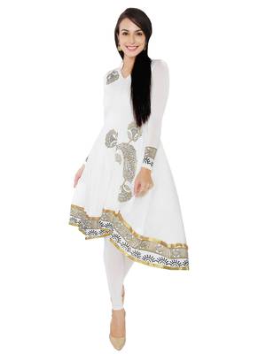 ira-soleil White polyester lycra block printed high low anarkali kurta 1
