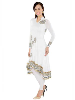 ira-soleil White polyester lycra block printed high low anarkali kurta 5