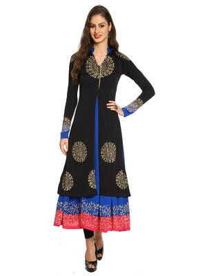 ira-soleil 2 pc set of Blue polyester lycra anarkali inner with Black Kurta 2