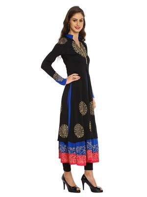 ira-soleil 2 pc set of Blue polyester lycra anarkali inner with Black Kurta 3