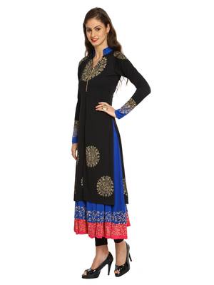 ira-soleil 2 pc set of Blue polyester lycra anarkali inner with Black Kurta 4