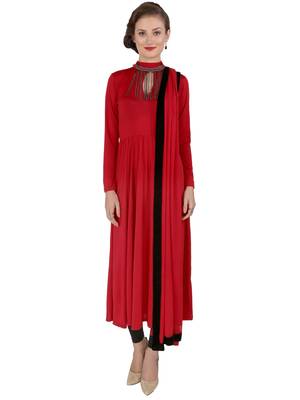 ira-soleil 3 pc set of Maroon Chiffon duptta, Metal necklace with Polyester Lycra anarkali kurta 1
