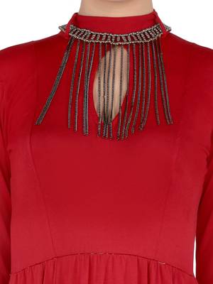 ira-soleil 3 pc set of Maroon Chiffon duptta, Metal necklace with Polyester Lycra anarkali kurta 5