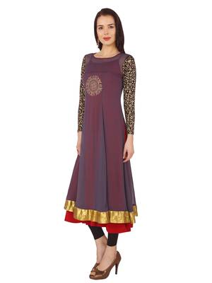 ira-soleil 2 pc set of Maroon polyester lycra anarkali inner with grey chiffon long kurta 1