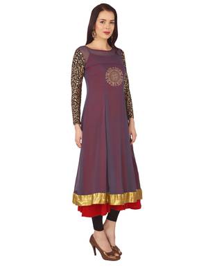 ira-soleil 2 pc set of Maroon polyester lycra anarkali inner with grey chiffon long kurta 3
