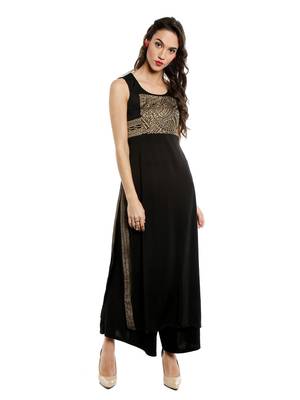 ira-soleil Black polyester lycra long slit kurta 1