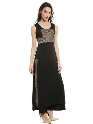 ira-soleil Black polyester lycra long slit kurta 5