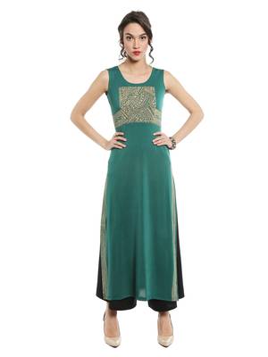 ira-soleil Green polyester lycra long slit kurta 1
