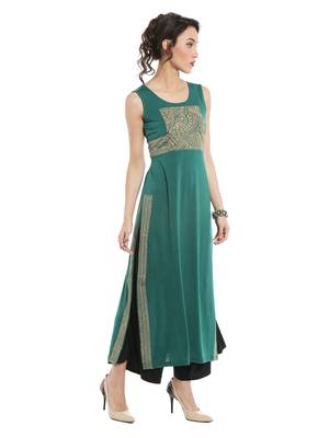 ira-soleil Green polyester lycra long slit kurta 2