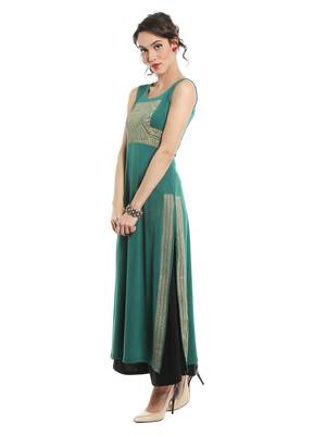 ira-soleil Green polyester lycra long slit kurta 5