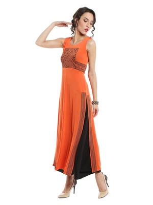 ira-soleil Orange polyester lycra long slit kurta 1