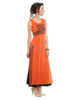 ira-soleil Orange polyester lycra long slit kurta 4