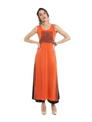 ira-soleil Orange polyester lycra long slit kurta 5