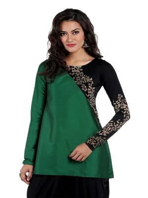 ira-soleil Green tafetta cut and sew with Black polyester lycra kurti 1