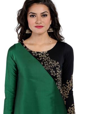 ira-soleil Green tafetta cut and sew with Black polyester lycra kurti 5