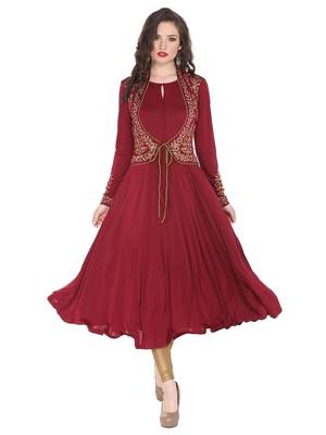 ira-soleil Maroon polyester lycra with attached shrug long anarkali kurta 1