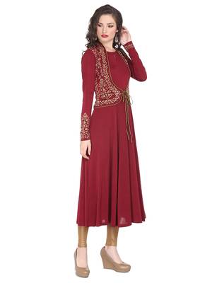 ira-soleil Maroon polyester lycra with attached shrug long anarkali kurta 2