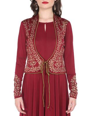 ira-soleil Maroon polyester lycra with attached shrug long anarkali kurta 4
