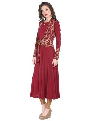 ira-soleil Maroon polyester lycra with attached shrug long anarkali kurta 5