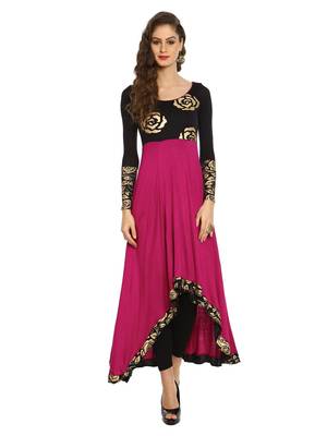 ira-soleil Purple and Black Long Anarkali with Floral block print made in viscose stretched fabric 1