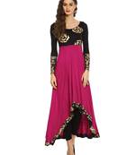 ira-soleil Purple and Black Long Anarkali with Floral block print made in viscose stretched fabric
