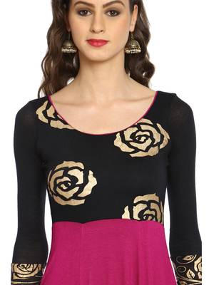 ira-soleil Purple and Black Long Anarkali with Floral block print made in viscose stretched fabric 2