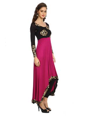 ira-soleil Purple and Black Long Anarkali with Floral block print made in viscose stretched fabric 3