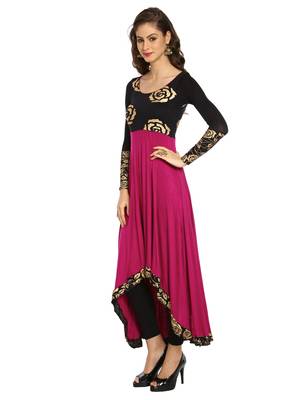 ira-soleil Purple and Black Long Anarkali with Floral block print made in viscose stretched fabric 4