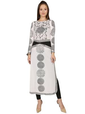 ira-soleil White Long Kurti with black print made in polyester lycra fabric 1