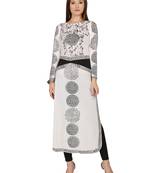 ira-soleil White Long Kurti with black print made in polyester lycra fabric