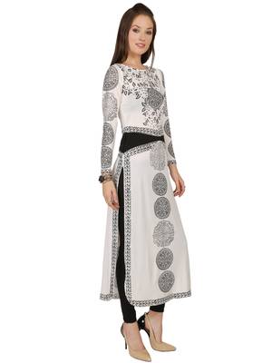 ira-soleil White Long Kurti with black print made in polyester lycra fabric 2