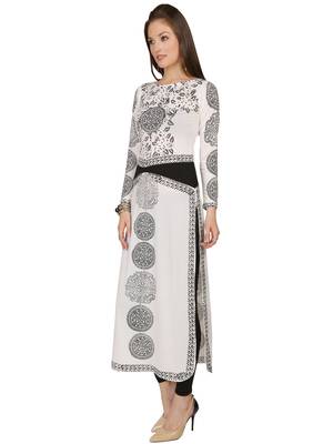 ira-soleil White Long Kurti with black print made in polyester lycra fabric 3