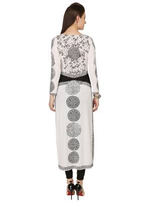 ira-soleil White Long Kurti with black print made in polyester lycra fabric 4