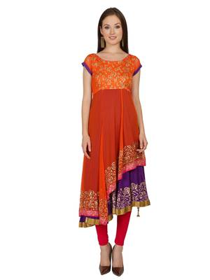 ira-soleil Orange and purple Long Anarkali with gold print made in Polyester Lycra and Georgette Fabric 1
