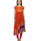 ira-soleil Orange and purple Long Anarkali with gold print made in Polyester Lycra and Georgette Fabric