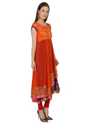 ira-soleil Orange and purple Long Anarkali with gold print made in Polyester Lycra and Georgette Fabric 2