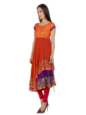 ira-soleil Orange and purple Long Anarkali with gold print made in Polyester Lycra and Georgette Fabric 3