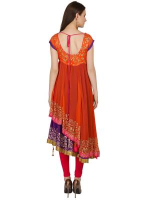 ira-soleil Orange and purple Long Anarkali with gold print made in Polyester Lycra and Georgette Fabric 4